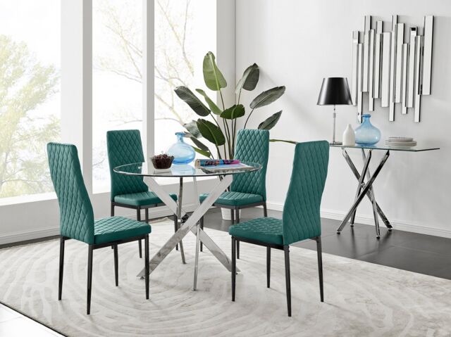 FurnitureboxUK Novara 100cm Round Dining Table & 4 Velvet Milan Black Leg Chairs in Green - image 1