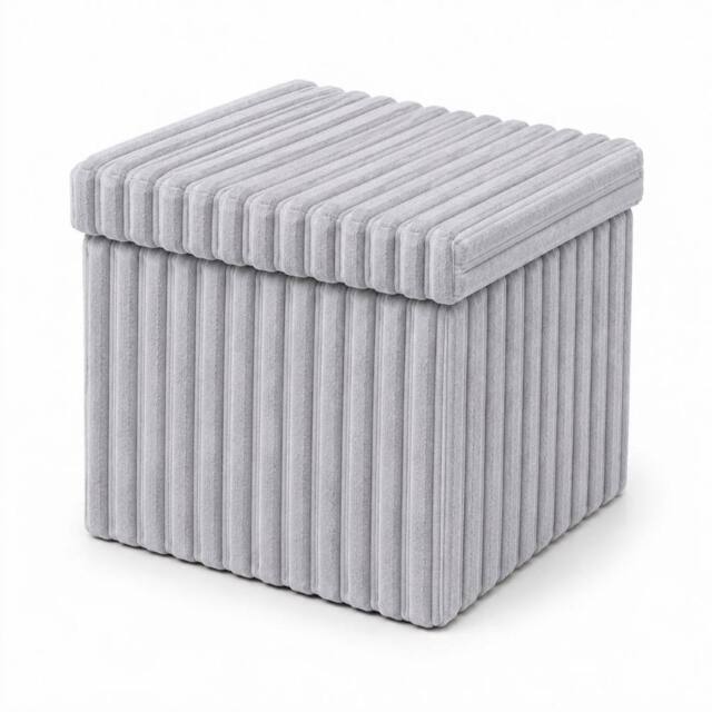 Homes-Linen Corduroy Ribbed Fold-able Storage Ottoman 38x38cm in Silver - Size: 38x38 cm - image 1