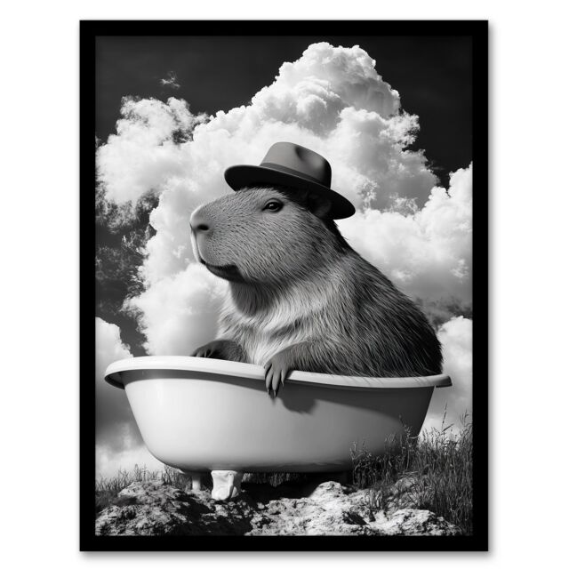 Artery8 Capybara with Hat in Bathtub Black White Surreal Framed Art Print in Grey - Size: A4 - image 1