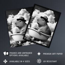 Artery8 Capybara with Hat in Bathtub Black White Surreal Framed Art Print in Grey - Size: A4 - thumbnail 2