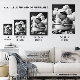 Artery8 Capybara with Hat in Bathtub Black White Surreal Framed Art Print in Grey - Size: A4 - thumbnail 3