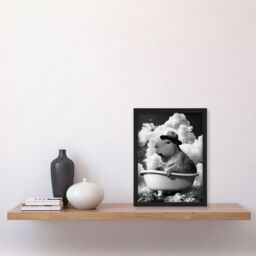 Artery8 Capybara with Hat in Bathtub Black White Surreal Framed Art Print in Grey - Size: A4 - thumbnail 4