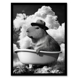 Artery8 Capybara with Hat in Bathtub Black White Surreal Framed Art Print in Grey - Size: A4 - thumbnail 1