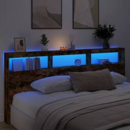 Berkfield Home Headboard Cabinet with LED Smoked Oak 220x17x102 cm in Brown - Size: 220 x 17 x 102 cm - thumbnail 4
