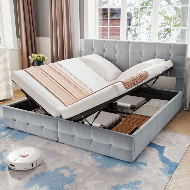 Matteo Upholstered Hydraulic Bed, Spliced Bed, Adults Teenagers, Double Bed in Grey - image 1