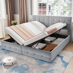 Matteo Upholstered Hydraulic Bed, Spliced Bed, Adults Teenagers, Double Bed in Grey - thumbnail 1