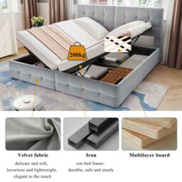 Matteo Upholstered Hydraulic Bed, Spliced Bed, Adults Teenagers, Double Bed in Grey - thumbnail 7