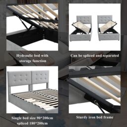 Matteo Upholstered Hydraulic Bed, Spliced Bed, Adults Teenagers, Double Bed in Grey - thumbnail 8
