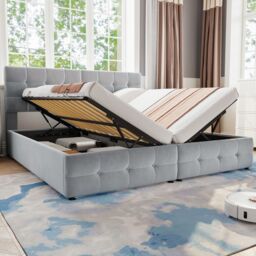 Matteo Upholstered Hydraulic Bed, Spliced Bed, Adults Teenagers, Double Bed in Grey - thumbnail 2