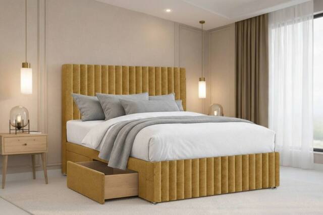"Nexus Mattresses Ltd Verona Plush Divan Bed Base 2 Drawers Left Side - 12"" Footboard & 26"" Headboard in Mustard - Size: Single" - image 1