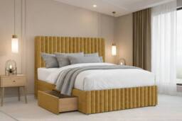 "Nexus Mattresses Ltd Verona Plush Divan Bed Base 2 Drawers Left Side - 12"" Footboard & 26"" Headboard in Mustard - Size: Single" - thumbnail 1