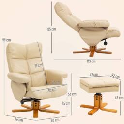 HOMCOM Recliner Chair & Footstool PU Leather Wooden Base, Beige - thumbnail 3