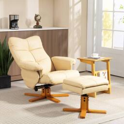 HOMCOM Recliner Chair & Footstool PU Leather Wooden Base, Beige - thumbnail 1