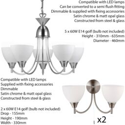 Loops 5 Lamp Ceiling & 2x Twin Wall Light Pack Satin Chrome Glass Matching Fittings in Clear - thumbnail 2