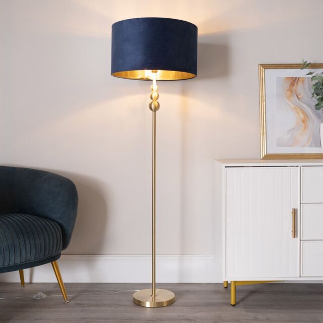 ValueLights Marissa Gold Stacked Ball Floor Lamp with Velvet Drum with Gold Inner Shade in Dark Navy - image 1
