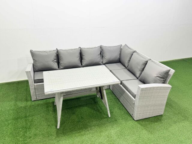 Fimous 6 Seater Garden Outdoor Rattan Furniture Set Oblong Dining Table Set in Light Grey - image 1
