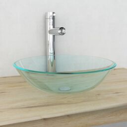 Berkfield Home Basin Tempered Glass 42 cm Transparent in Silver - thumbnail 1