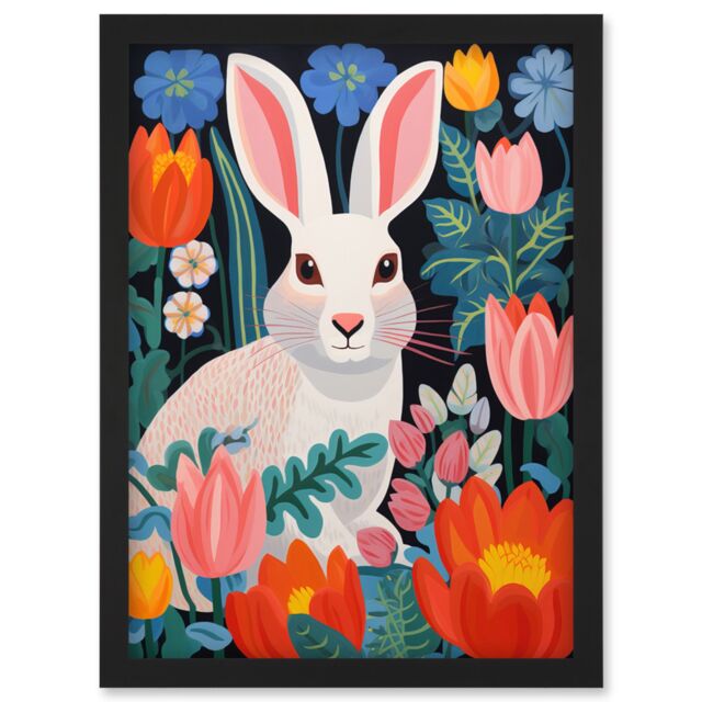 Artery8 Wall Art Print Bunny Rabbit in Colourful Bold Vibrant Flowers Kids Bedroom Floral Artwork Garden Spring Blooms Artwork Framed A4 in Black - image 1