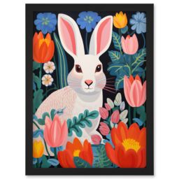 Artery8 Wall Art Print Bunny Rabbit in Colourful Bold Vibrant Flowers Kids Bedroom Floral Artwork Garden Spring Blooms Artwork Framed A4 in Black - thumbnail 1