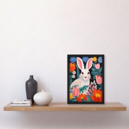 Artery8 Wall Art Print Bunny Rabbit in Colourful Bold Vibrant Flowers Kids Bedroom Floral Artwork Garden Spring Blooms Artwork Framed A4 in Black - thumbnail 2