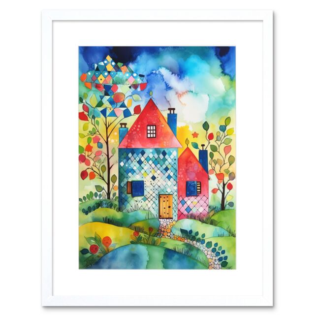 "Artery8 Wall Art Print Farmhouse In The Flowers Folk Artwork Framed 9X7 Inch in White - Size: W7"" x H9""" - image 1
