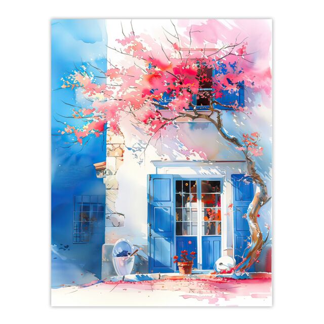 "Artery8 Flowering Bougainvillea Boho Mykonos Watercolour Wall Art Print in Blue - Size: W12"" x H16""" - image 1