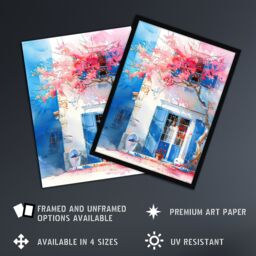 "Artery8 Flowering Bougainvillea Boho Mykonos Watercolour Wall Art Print in Blue - Size: W12"" x H16""" - thumbnail 2