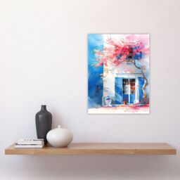 "Artery8 Flowering Bougainvillea Boho Mykonos Watercolour Wall Art Print in Blue - Size: W12"" x H16""" - thumbnail 4