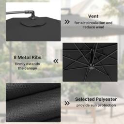 Kelvenix 3(m) Banana Parasol Cantilever Umbrella Garden in Black - Size: 0.6m2 - thumbnail 3