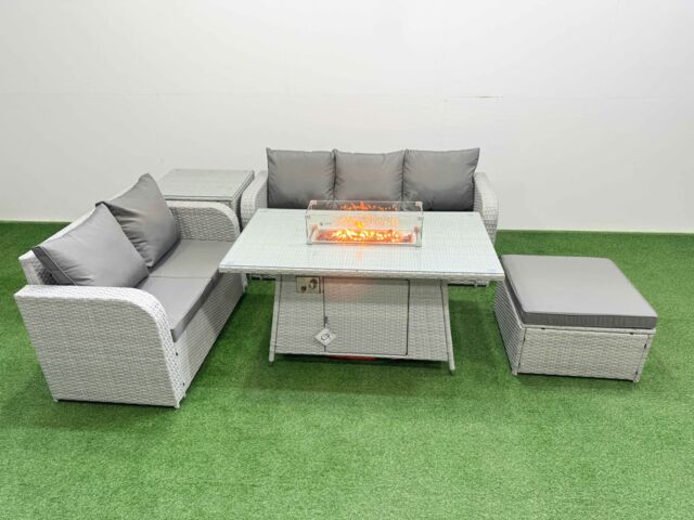 Fimous 6 Seater PE Rattan Wicker Garden Furniture Patio Conservatory Sofa Set w/ Firepit Dining Table 3 Seater Sofa Love Sofa Big Footstool Side - image 1