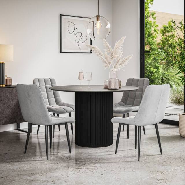 More4Homes Arlo Concrete Table Top W Black Legs + Nova Velvet Dining Chair Set Of 6 in Grey - image 1