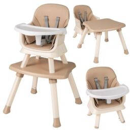 Costway 6-in-1 Baby High Chair Infant Feeding Chair Kids Stool with Removable Tray & Cushion in Light Brown