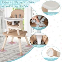 Costway 6-in-1 Baby High Chair Infant Feeding Chair Kids Stool with Removable Tray & Cushion in Light Brown - thumbnail 6