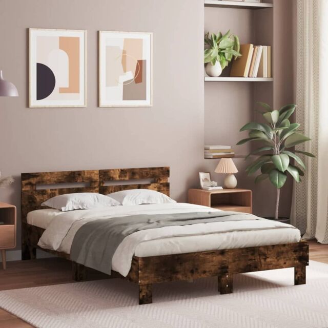 Berkfield Home Bed Frame with LED without Mattress Smoked Oak 135x190 cm Double in Brown - image 1