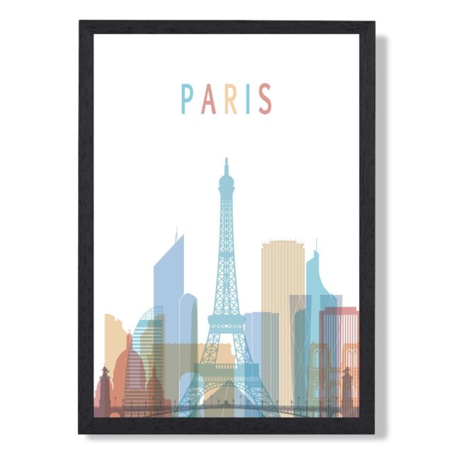 ARTZE Paris Colourful City Skyline Framed Print SIZE: A2 with Black Frame in Pale Blue - Size: A4 - image 1