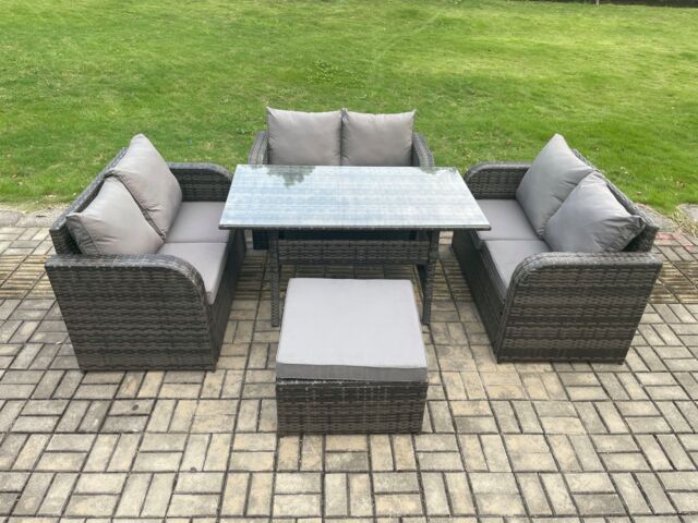 Fimous Wicker PE Rattan Sofa Outdoor Garden Furniture Set with Rectangular Dining Table Big Footstool Dark Grey Mixed - image 1