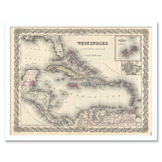 "Artery8 Wall Art Print 1855 Colton Vintage Detailed Map The West Indies Bermuda Islands Art Framed in White - Size: W12"" x H16""" - image 1
