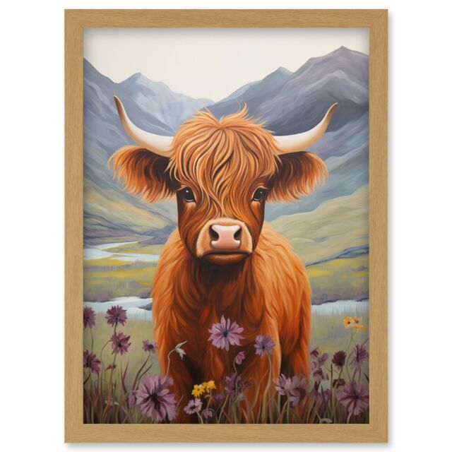Artery8 Wall Art Print Kids Bedroom Nursery Artwork Highland Calf Cow in Heather & Cornflower Glen Scotland Artwork Framed A4 in Light Oak - image 1