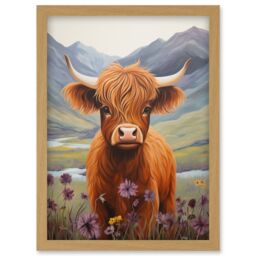 Artery8 Wall Art Print Kids Bedroom Nursery Artwork Highland Calf Cow in Heather & Cornflower Glen Scotland Artwork Framed A4 in Light Oak - thumbnail 1