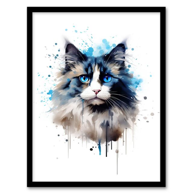 "Artery8 Wall Art Print Ragdoll Cat Lovers Gift Watercolour Pet Portrait Painting Artwork Art Framed - Size: W12"" x H16""" - image 1