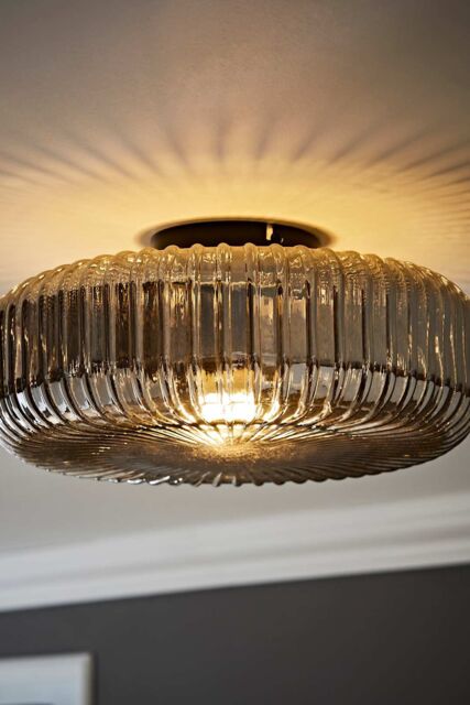 ValueLights Calpe Large Ribbed Glass Shallow Flush Ceiling Light in Black - image 1