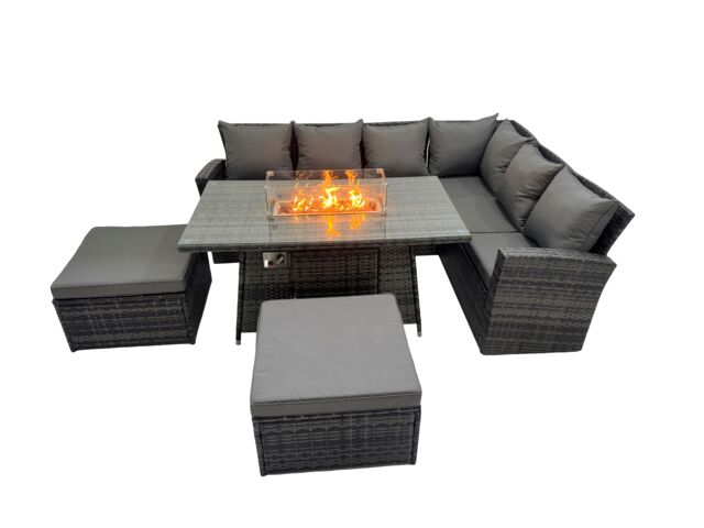 Fimous Rattan Corner Sofa Chair Set Gas Fire Pit Table with 2 Big Footstools in Dark Grey - image 1