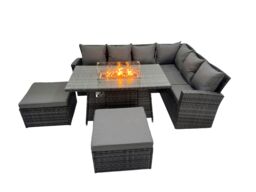 Fimous Rattan Corner Sofa Chair Set Gas Fire Pit Table with 2 Big Footstools in Dark Grey - thumbnail 1
