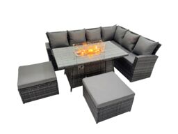 Fimous Rattan Corner Sofa Chair Set Gas Fire Pit Table with 2 Big Footstools in Dark Grey - thumbnail 2
