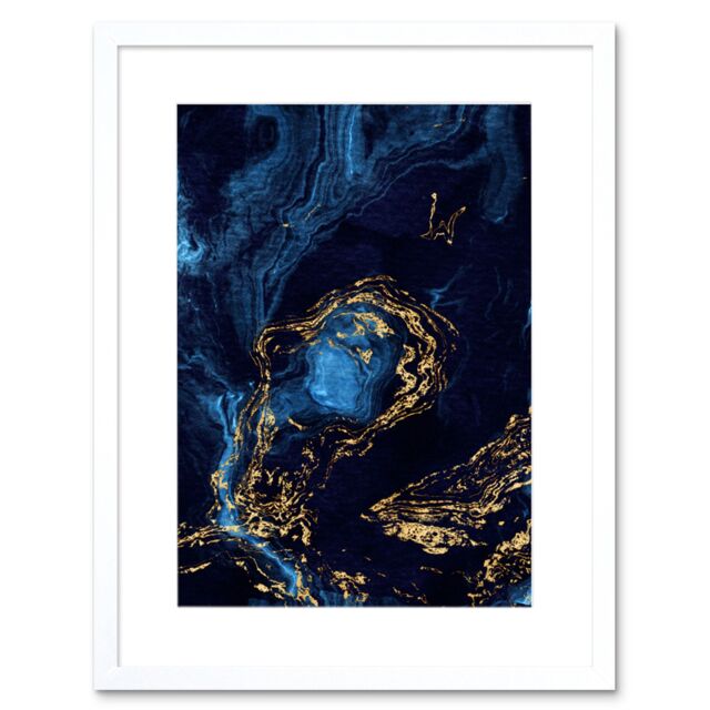 "Artery8 Wall Art Print Abstract Dark Blue Gold Waves Art Framed 9x7 inch in White - Size: W7"" x H9""" - image 1