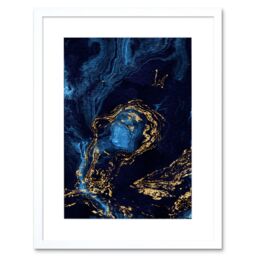 "Artery8 Wall Art Print Abstract Dark Blue Gold Waves Art Framed 9x7 inch in White - Size: W7"" x H9""" - thumbnail 1