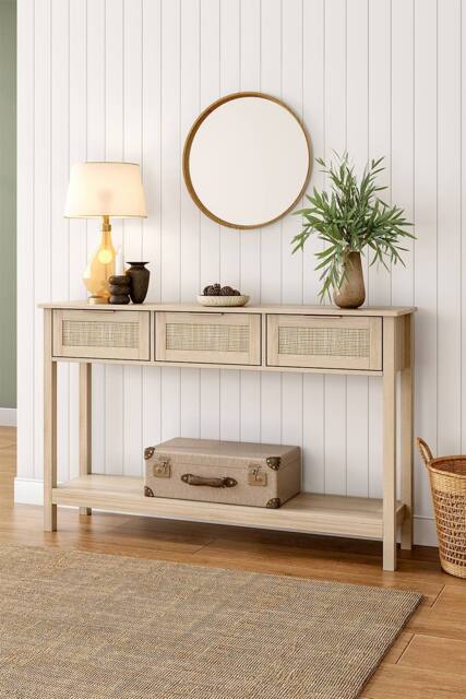 H&O Direct Rustic Wood Console Table with 3 Rattan Drawer in Natural - image 1
