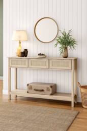 H&O Direct Rustic Wood Console Table with 3 Rattan Drawer in Natural - thumbnail 1