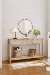 H&O Direct Rustic Wood Console Table with 3 Rattan Drawer in Natural - thumbnail 2