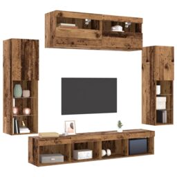 Berkfield Home 8 Piece TV Wall Units with LED Old Wood Engineered Wood in Brown - thumbnail 3